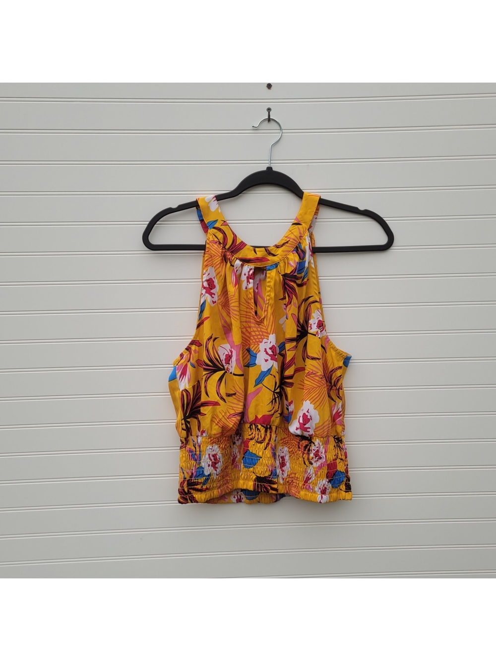 True Destiny Yellow Floral Tropical Halter Neck Smocked Blouse Size 1X